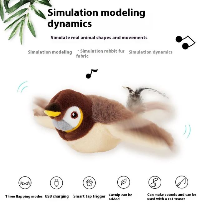 羽ばたく鳥型猫用おもちゃ